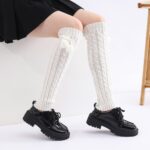 Long Knee-High Leg Warmers Cable-Knit Pom-Pom Leg Warmers