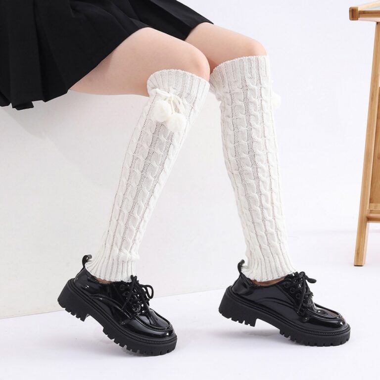 Long Knee-High Leg Warmers Cable-Knit Pom-Pom Leg Warmers