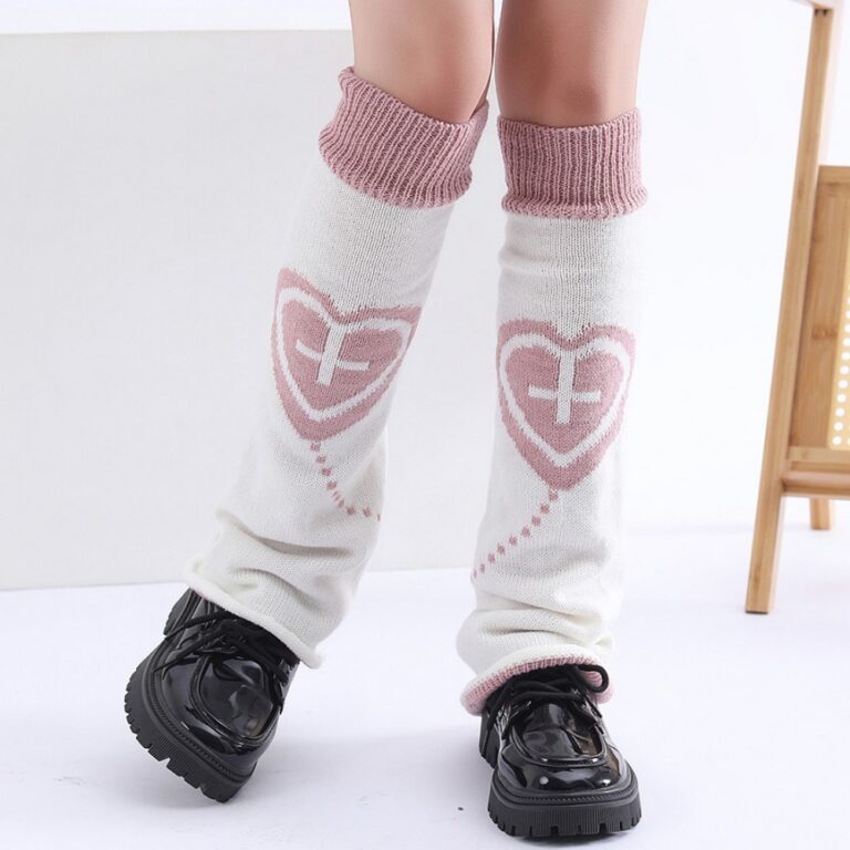 Long Knee-High Leg Warmers Y2K Cosplay Heart Jacquard Flare Cuff Knit Leg Warmers
