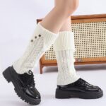 Long Knee-High Leg Warmers Fashionable Fold-Over Cable-Knit Button Leg Warmers