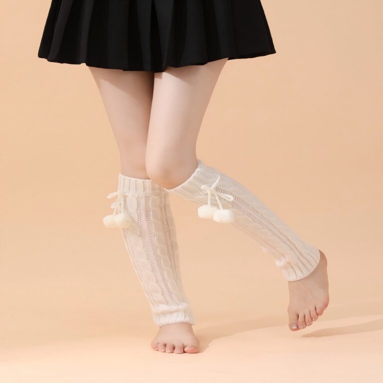 Long Knee-High Leg Warmers Sweet & Cute Cable-Knit Pom-Pom Leg Warmers