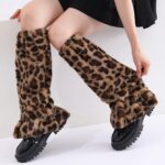 Long Knee-High Leg Warmers Furry Lace Trim Warm Leg Warmers