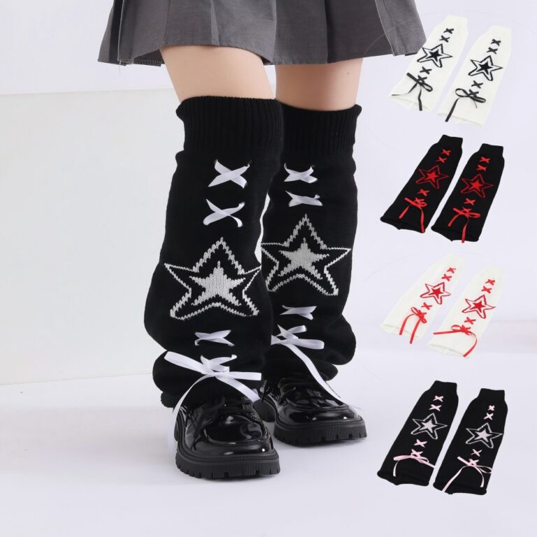 Long Knee-High Leg Warmers Flare Cuff Star Ribbon Knit Leg Warmers