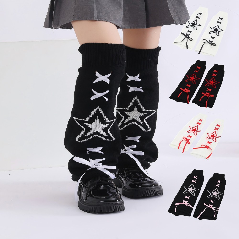 Long Knee-High Leg Warmers Flare Cuff Star Ribbon Knit Leg Warmers