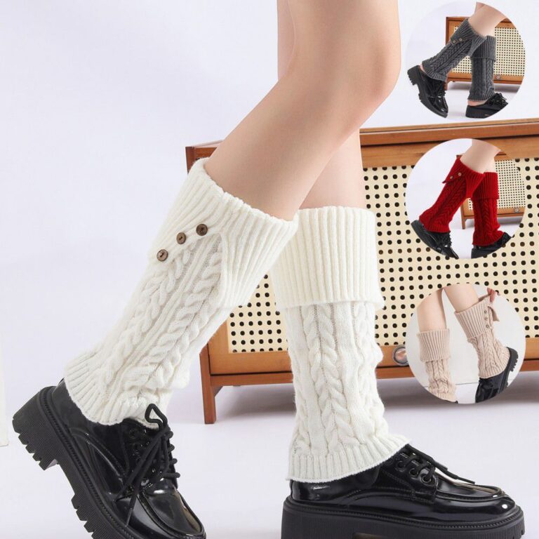 Long Knee-High Leg Warmers Fashionable Fold-Over Cable-Knit Button Leg Warmers
