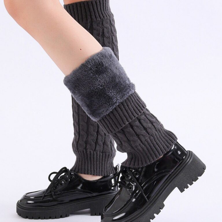 Long Knee-High Leg Warmers Fleece Lined Cable Twist Knee-High Knit Leg Warmers