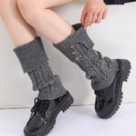 Long Knee-High Leg Warmers Fashionable Fold-Over Cable-Knit Button Leg Warmers