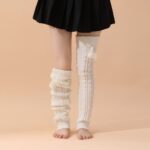 Long Knee-High Leg Warmers Sweet & Cute Cable-Knit Pom-Pom Leg Warmers