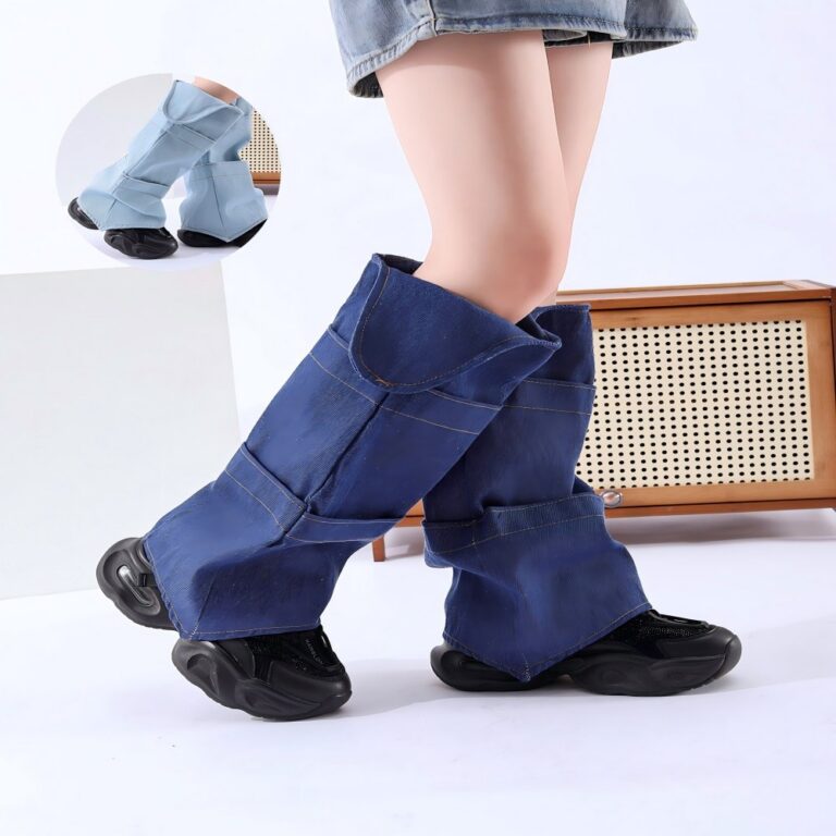Long Knee-High Leg Warmers Fashion Denim Leg Warmers with Pockets & Ear Detail