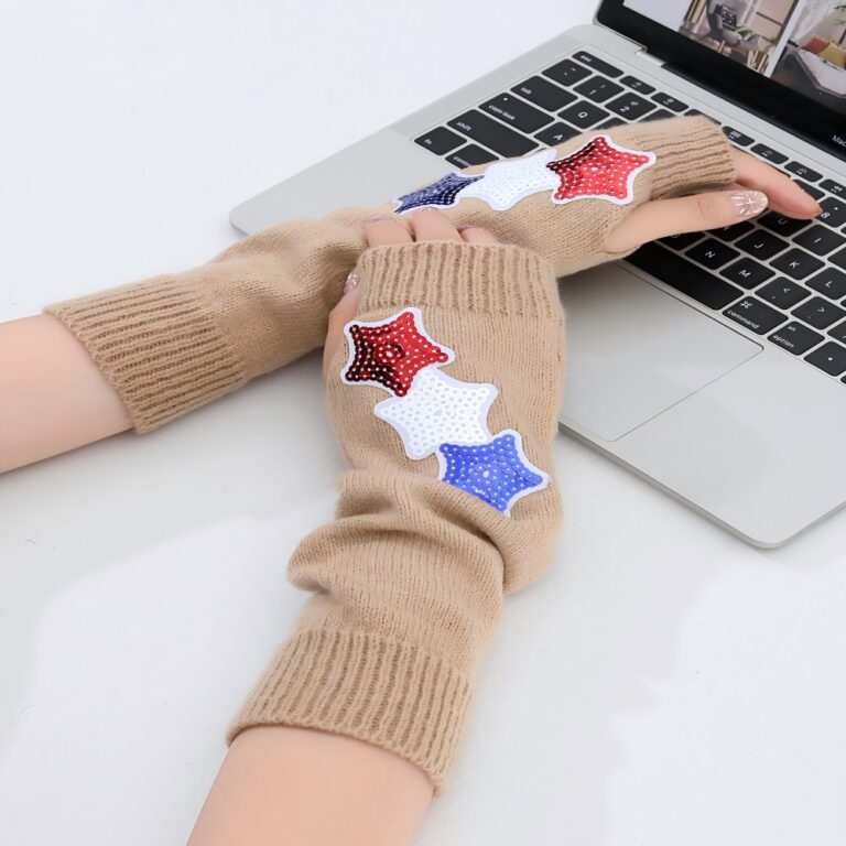 Long Arm Warmers Knit Sequin Red-White-Blue Star Festival Theme Fingerless Gloves