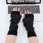 Long Arm Warmers Knit Sequin Red-White-Blue Star Festival Theme Fingerless Gloves