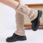 Long Knee-High Leg Warmers Fashionable Fold-Over Cable-Knit Button Leg Warmers